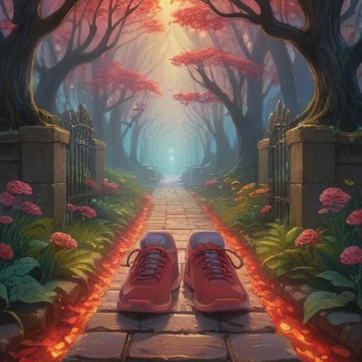 A mystical scene featuring red shoes glowing softly on a serene pathway, surrounded by ethereal light, symbolic elements representing spiritual awareness, nature in the background with vibrant colors, tranquil atmosphere, inviting the viewer to reflect on deeper meanings, 4k