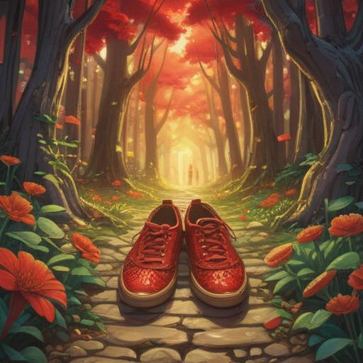 A pair of red shoes, leading the way to fortune and good luck, whimsical path filled with golden light, vibrant scenery, cheerful atmosphere, symbolic representation of change and opportunity, inviting adventure, richly detailed environment, hopeful and inspiring mood, 4k