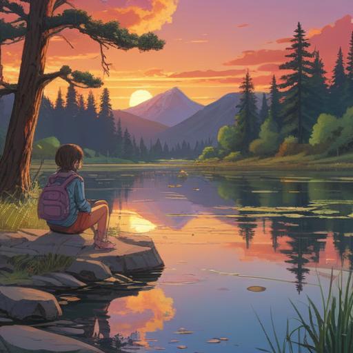 A reflective scene of a person sitting by a serene lake at sunset, contemplating their past and future, surrounded by vibrant nature, symbolic elements representing luck and growth, an open journal and a pen in hand, a glowing aura around the character, peaceful and inspiring atmosphere, 4k