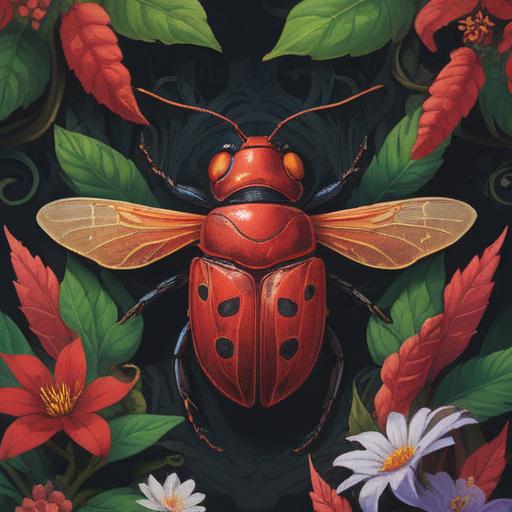 A vibrant illustration of a red beetle representing spiritual significance, surrounded by glowing symbols of transformation and renewal, natural elements like leaves and flowers, soft light illuminating the scene, ethereal atmosphere, detailed textures, captivating design, 4k