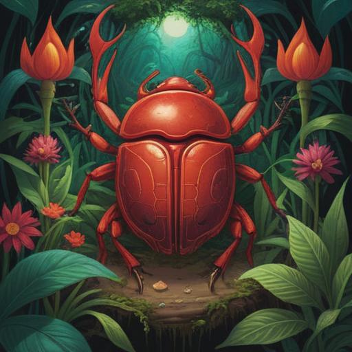 A vibrant illustration of a red scarab beetle, symbolizing spiritual good omens, set against a lush, mystical jungle background, shimmering light filtering through the leaves, intricate details on the beetle's exoskeleton, ethereal atmosphere, conveying a sense of harmony and positivity, 4k
