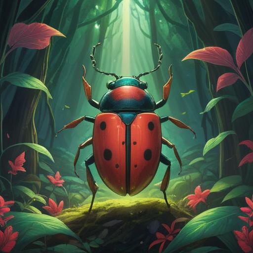 A vibrant depiction of a red beetle, surrounded by mystical symbols, glowing aura, lush green foliage, ethereal light illuminating the scene, Native American spiritual motifs, nature's harmony, intuitive awareness, magical essence, 4k