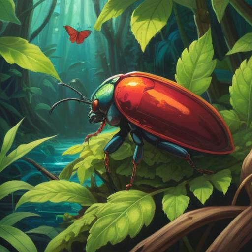 A vibrant illustration of a red jewel beetle, shimmering in natural sunlight, surrounded by lush green foliage, a sense of wonder and luck in the air, numerals representing lucky numbers subtly integrated into the scene, conveying a positive and hopeful atmosphere, detailed textures of the beetle's exoskeleton, enchanting light effects, 4k