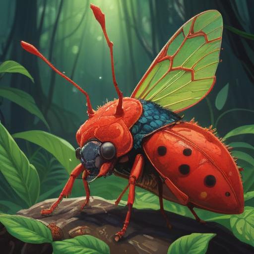A vibrant illustration of a red stink bug perched on a lucky charm, detailed textures, bright colors, enchanting atmosphere, nature backdrop, whimsical elements, symbolic meaning of fortune, playful composition, 4k