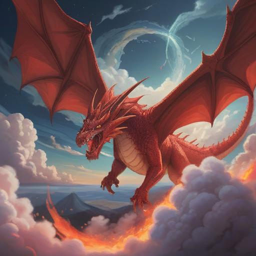 A mystical illustration of a red dragon soaring through the sky, symbolizing strength and protection, surrounded by swirling clouds and ethereal light, embodying spiritual energy and wisdom, vibrant hues of red and gold, majestic and powerful presence, harmonious balance between power and serenity, rich cultural symbolism, 4k