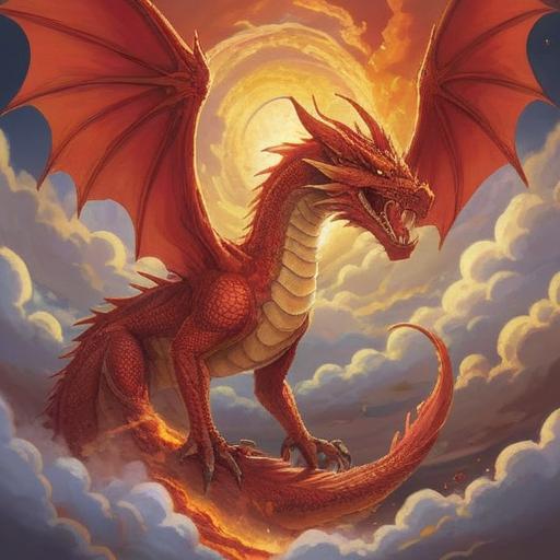 A majestic red dragon soaring through a vibrant sky, radiant golden light surrounding its form, symbols of spirituality and prosperity in the clouds, ancient Chinese architecture in the foreground, lush green mountains, tranquil atmosphere, ethereal energy emanating from the dragon, conveying good omens and positive blessings, highly detailed, vivid colors, enchanting scene