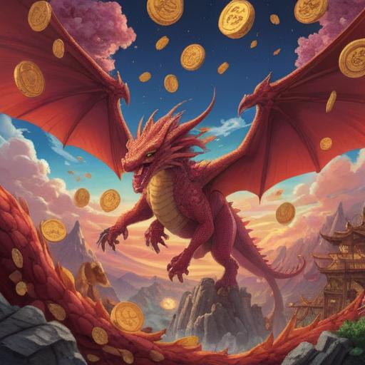A vivid illustration of a red dragon soaring majestically in the sky, surrounded by shimmering lucky items like coins, talismans, and four-leaf clovers, vibrant colors, magical aura, dynamic composition, enchanting landscape in the background, whimsical and lucky atmosphere, 4k