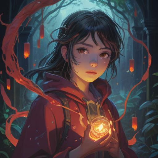 A mystical scene featuring a person with red marks on their skin, surrounded by a soft, glowing light, ethereal atmosphere, symbolic elements of healing and transformation, nature elements like blooming flowers and gentle streams, spiritual energy radiating from the red marks, serene facial expression, 4k