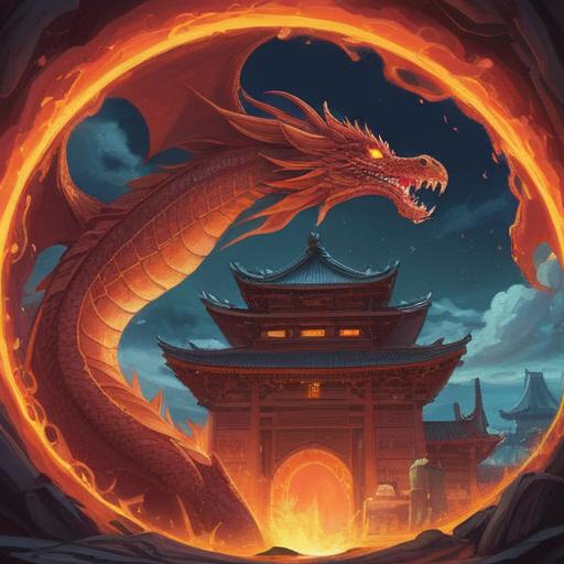 A powerful red dragon symbolizing spiritual strength, surrounded by swirling mystical energies, ancient temples in the background, glowing orbs of light, embodying passion and transformation, intricate scales reflecting light, a sense of wisdom and protection, vibrant colors, mystical aura, 4k