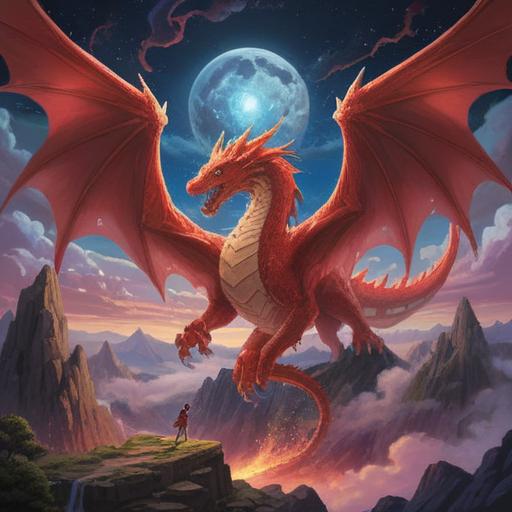 A majestic red dragon soaring through a mystical landscape, symbolizing spiritual guidance and positive signs, surrounded by vibrant clouds, ethereal light beams emanating from its presence, adorned with ancient symbols, a serene forest below, enchanting atmosphere, harmonious colors, 4k