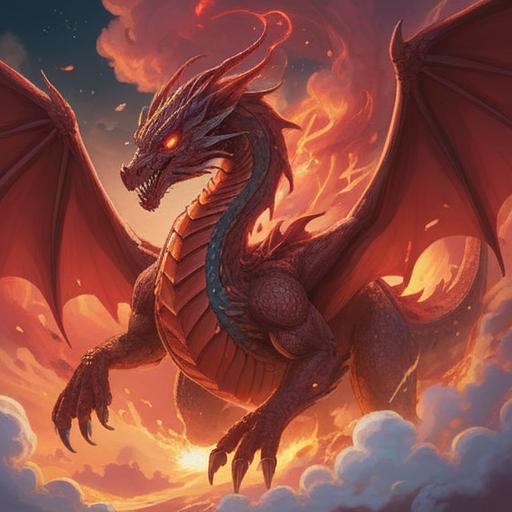 A majestic red dragon emerging from swirling clouds, vibrant red scales glistening in the sunlight, surrounded by glowing orbs of light, symbolic spiritual signs in the air, ancient runes etched in the background, an aura of power and mystique, vibrant and captivating imagery, 4k
