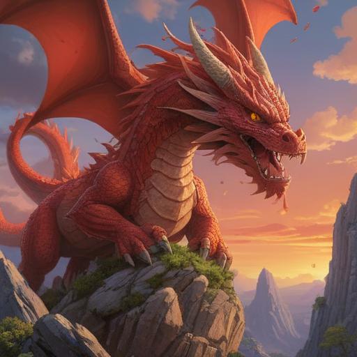 A powerful red dragon soaring through a vibrant sky, surrounded by shimmering lucky stones, symbolic of fortune and prosperity, intricate details on the dragon's scales, a mystical aura emanating from the stones, a lush landscape below, filled with ancient trees and sparkling waters, a sense of adventure and positivity, 4k