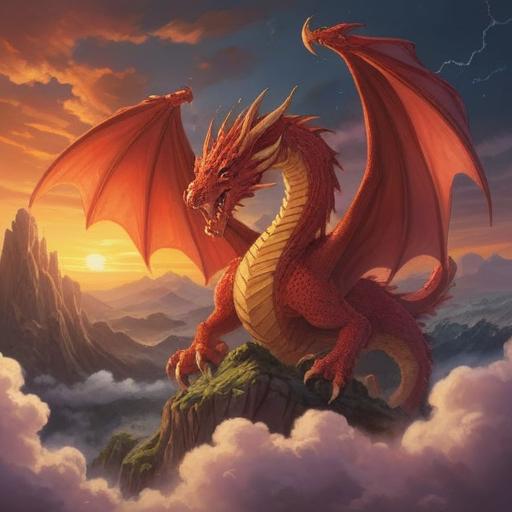 A majestic red dragon symbolizing luck, intertwined with vibrant energy, soaring through a golden sunset sky, surrounded by mystical clouds, glimmering scales reflecting light, a serene landscape below with lush greenery and a tranquil river, conveying a sense of harmony and fortune, rich detail, captivating atmosphere, 4k