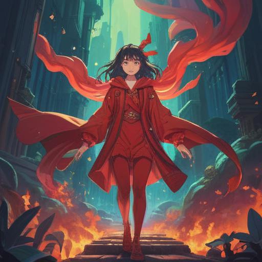 A vibrant scene featuring a person dressed in a striking red outfit, surrounded by ethereal light, symbolizing spiritual positivity, an aura of tranquility, colorful energy flows, blooming flowers in a serene landscape, harmonious connection with nature, uplifting atmosphere, mystical elements, conveying good fortune, 4k