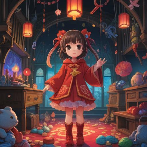 A whimsical scene featuring a character in a striking red outfit, surrounded by an array of lucky charms, glowing talismans, and four-leaf clovers, vibrant colors, magical atmosphere, playful expressions, intricate details of the lucky items, enchanting background, 4k