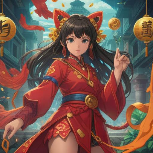 A vibrant illustration showcasing a person wearing a striking red outfit, surrounded by symbols of good fortune, such as lucky charms and positive imagery, bright and warm colors, inspiring energy, dynamic pose, cheerful expression, lush background filled with nature, 4k