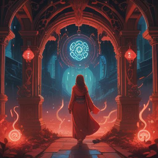 A serene illustration depicting the spiritual meaning of the color red, vibrant red hues, mystical symbols, meditative figure surrounded by ethereal energy, warm harmonious atmosphere, elements of nature like flowing rivers and blooming flowers, evocative setting with soft light, insightful and calming visuals, 4k