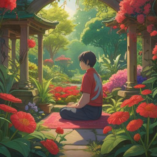 A serene and uplifting scene, a person meditating in a lush garden, vibrant red flowers blooming around them, gentle sunlight filtering through the trees, a feeling of tranquility and positivity, symbols of transformation and good fortune in the background, harmonious colors, calming atmosphere, 4k