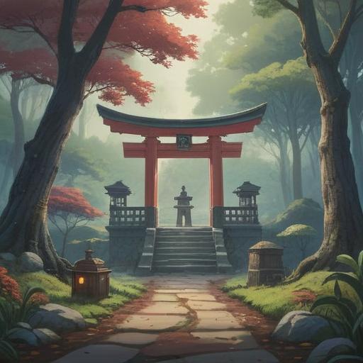 A serene and mystical illustration of Isegushi Shrine, surrounded by ancient trees and mist, capturing the spiritual essence of the place, peaceful atmosphere, vibrant nature, traditional Japanese architecture, ethereal light filtering through the leaves, sense of tranquility and reverence, inviting path leading to the shrine, softly illuminated by lanterns, harmonious blend of nature and spirituality, 4k