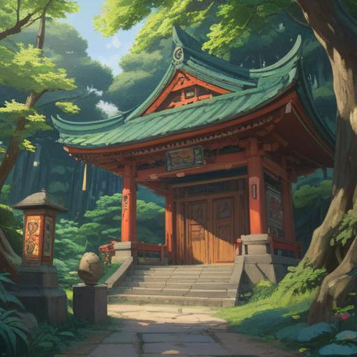 A serene illustration of Ishizuchi Shrine, mystical aura, lush greenery surrounding the shrine, gentle sunlight filtering through leaves, spiritual symbols integrated into the landscape, peaceful atmosphere, visitors experiencing a moment of reflection, birds soaring in the sky, tranquil water features, harmonious blend with nature, 4k