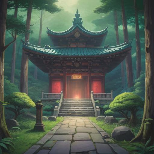 A serene illustration of Ishizuchi Shrine, surrounded by lush green forests, mystical fog rolling in, spiritual symbols subtly appearing in the air, a glowing stone pathway guiding visitors, sacred trees with ancient energy, soft sunlight filtering through the leaves, harmonious atmosphere, enchanting details, 4k