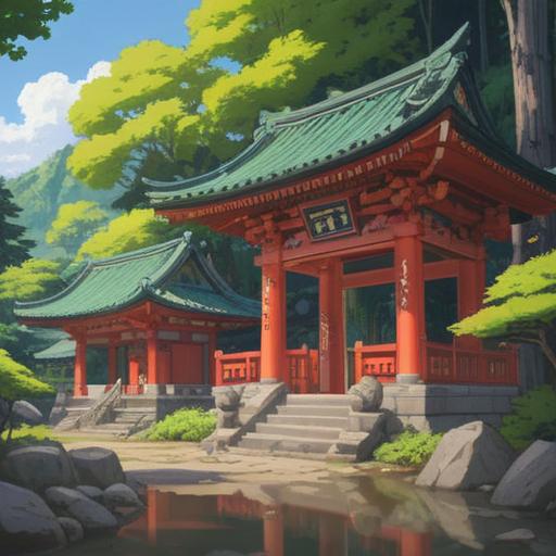 A serene scene at Ishizuchi Shrine, visitors admiring the beautiful architecture, vibrant nature surrounding the shrine, a glimpse of lucky items displayed, warm sunlight filtering through the trees, a sense of tranquility and spirituality, intricate details on the shrine's wooden carvings, peaceful atmosphere, 4k