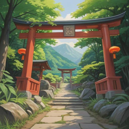 A serene landscape representing the visit to Ishizuchi Shrine for good fortune, surrounded by lush greenery and mountains, a tranquil path leading to the shrine, people engaging in rituals for luck, a sense of calm and positivity in the air, traditional Japanese architecture, soft sunlight filtering through trees, warm colors, 4k