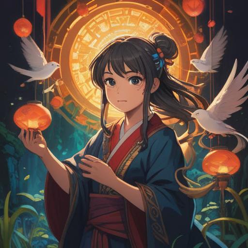 A serene and mystical scene depicting a spiritual figure, gentle glowing light surrounding the figure, symbols of good fortune and guidance, nature elements like trees and flowers, a tranquil river reflecting the sky, warm and calming colors, inviting atmosphere, inspirational and uplifting presence, 4k