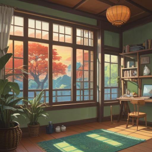 A serene scene of a tranquil Japanese home, soft sunlight streaming through the windows, a gentle breeze rustling the leaves outside, a figure meditating peacefully in a traditional tatami room, surrounded by plants and stones symbolizing the energy of Ishigami-san, a sense of harmony and balance in the environment, vibrant natural colors, calming atmosphere, 4k