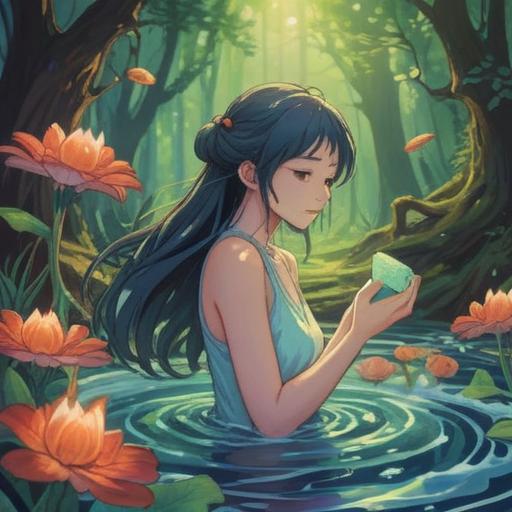 A serene scene depicting the essence of soap fragrance, ethereal and calming atmosphere, gentle wisps of aromatic steam rising, a person meditating in a tranquil setting, surrounded by vibrant flowers, soft pastel colors, glowing aura, symbols of peace and harmony, 4k