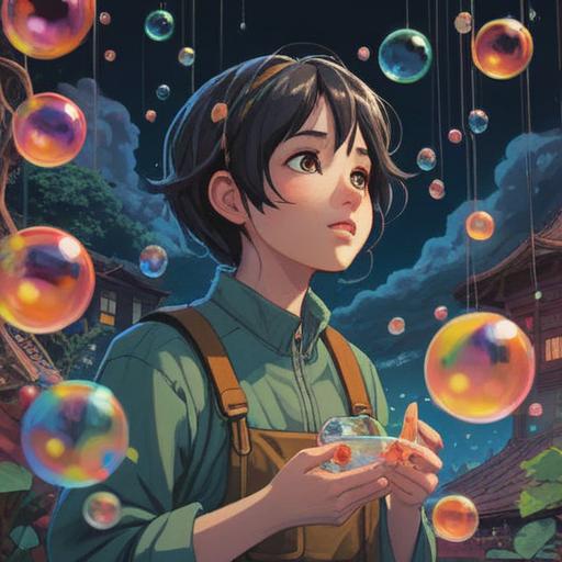 A serene and ethereal scene, depicting a person surrounded by floating soap bubbles, each bubble reflecting vibrant colors and mystical symbols, gentle background of a tranquil nature setting, soft light filtering through trees, a sense of calm and awareness, spiritual alignment, 4k