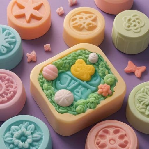 A charming and whimsical illustration of a lucky charm adorned with a soap-like design, pastel colors, intricate details showcasing various soap shapes, surrounded by floating bubbles and soft floral elements, exuding a fresh and uplifting fragrance, serene atmosphere, enchanting setting, inviting textures, 4k