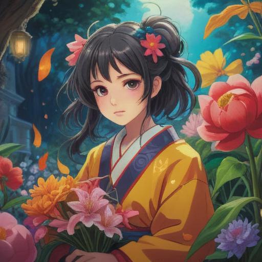 A serene scene showcasing the power of fragrance to attract good fortune, a vibrant bouquet of flowers releasing colorful scents, a gentle breeze swirling around, soft golden light illuminating the atmosphere, symbolic elements like lucky charms and coins subtly interwoven, calm expressions on people's faces as they bask in the aroma, harmonious blend of nature and mystical charm, 4k