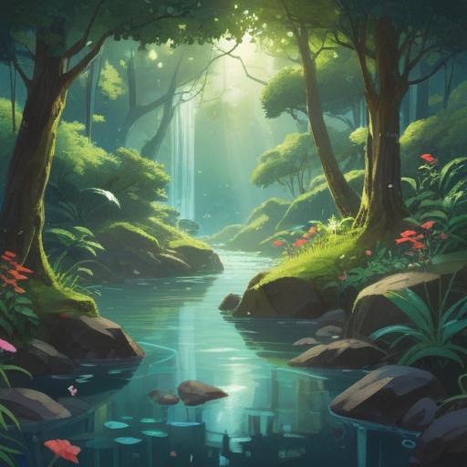 A serene and mystical landscape, vibrant crystals gleaming in sunlight, gentle stream flowing through lush greenery, ethereal light illuminating the scene, a meditative figure sitting peacefully, surrounded by nature, calm atmosphere, spiritual energy radiating, 4k