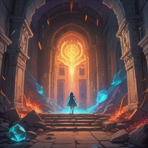 A mystical scene depicting powerful stone energy, vibrant crystals glowing with intensity, individuals engaging in lucky actions, surrounded by ancient ruins, a serene landscape infused with energy, harmony between nature and magic, dynamic gestures showing confidence and positivity, enchanting atmosphere, 4k