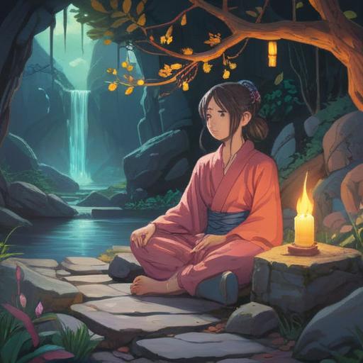 A serene and mystical scene depicting a person in meditative pose, surrounded by ancient stones, soft ethereal glow, connection with nature, spiritual energy emanating from the stones, vibrant foliage, calming atmosphere, deep personal reflection, harmonious alignment with the earth, enchanting sunlight filtering through trees, 4k