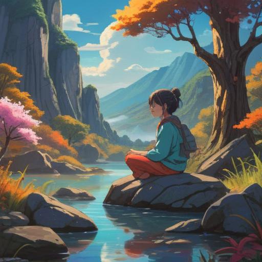 A serene landscape featuring a person sitting on a large stone, deep in meditation, vibrant colors of nature surrounding them, ethereal light radiating from the stone, gentle whispers represented by soft glowing symbols in the air, tranquil atmosphere, a connection between the person and the stone symbolizing spiritual communication, 4k