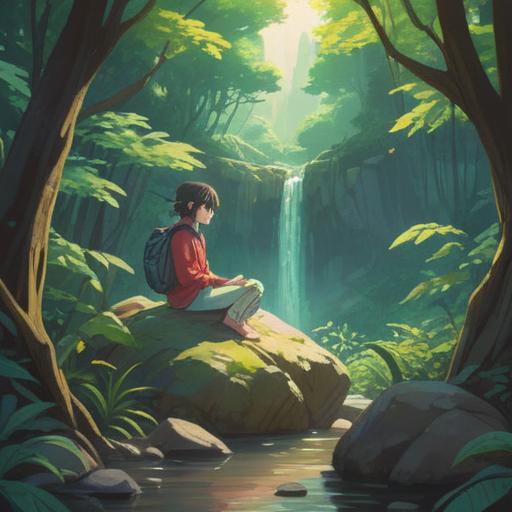 A serene landscape featuring a person sitting on a rock, meditating, surrounded by nature, soft light filtering through trees, gentle breeze, ethereal atmosphere, spiritual symbols in the air, subtle hints of color, deep connection with nature, reflective mood, 4k