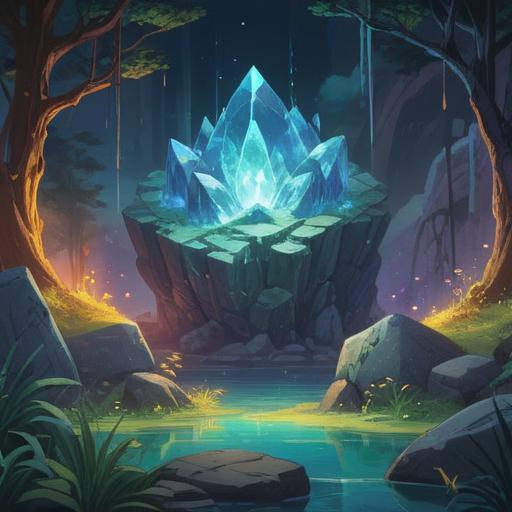 A vibrant illustration of a magical crystal glowing after a conversation with a stone, surrounded by sparkling light effects, a serene landscape in the background, mystical aura, colorful gemstones scattered around, soft focus on the crystal, enchanting atmosphere, 4k