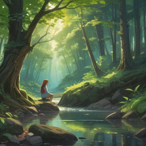 A serene landscape of a quiet forest, soft dappled sunlight filtering through the trees, a figure sitting pensively by a tranquil stream, memories swirling like gentle mist, ethereal presence of an old love felt in the air, connection between the past and present, peaceful atmosphere, 4k