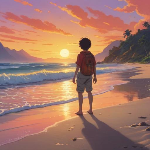 A serene and mystical scene depicting a person standing on a tranquil beach at sunset, soft waves lapping at their feet, glowing orbs of light floating around them, ethereal colors reflecting the warm hues of the sky, an aura of peace and nostalgia, a silhouette of a figure lost in deep thought, surrounded by gentle breezes and pastel clouds, conveying a sense of spiritual connection and memories of past love, 4k