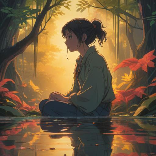 A serene moment of reflection, soft sunlight filtering through leaves, a silhouette of a person deep in thought, ethereal spirits hovering gently, symbolic representations of memories, calming colors, a sense of nostalgia and connection, hints of spirituality in the air, tranquil setting, 4k