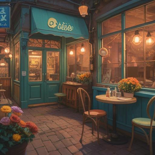 A serene scene of a vintage café, soft pastel colors, a small table for two with a bouquet of dried flowers, nostalgic photographs hanging on the wall, gentle sunlight filtering through the window, a steaming cup of coffee with a heart-shaped latte art, dreamy atmosphere, a small lucky charm placed on the table, capturing the essence of fond memories, 4k