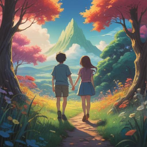 A spiritual encounter with a childhood love, ethereal light, nostalgic setting, serene emotions, gentle expressions, soft focus on two figures reconnecting, surrounded by blossoming cherry trees, symbolic elements of time and memory, dreamlike atmosphere, 4k