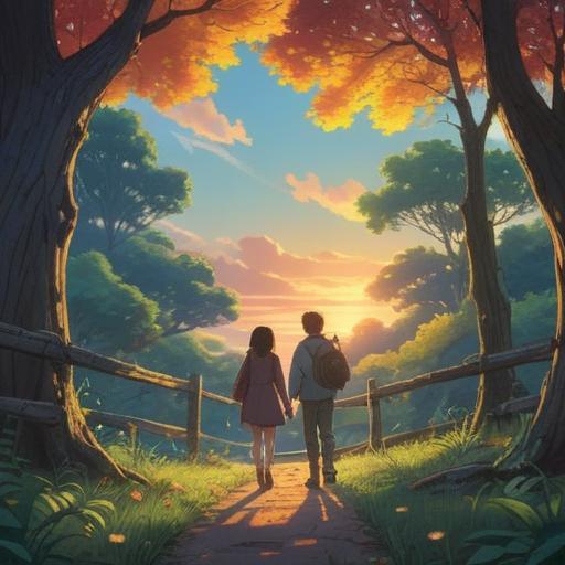 A heartfelt reunion scene with an old love, subtle spiritual signs in the atmosphere, warm sunlight filtering through trees, characters sharing a meaningful glance, symbolic elements like butterflies and glowing orbs, emotional expressions, serene setting, nature surrounding them, 4k