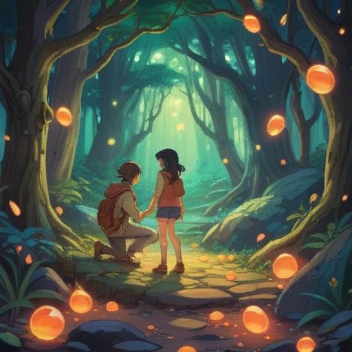 A mystical scene depicting a couple reuniting, surrounded by soft, glowing lucky stones, a serene and enchanting forest backdrop, dappled sunlight filtering through the leaves, their expressions filled with nostalgia and hope, an ethereal atmosphere, vibrant colors, 4k