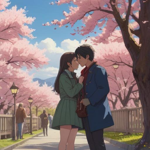A poignant moment of reunion, two friends embracing joyfully, expressions of surprise and relief, a beautiful park setting with cherry blossom trees in full bloom, vibrant colors reflecting hope and nostalgia, soft sunlight filtering through the branches, capturing the essence of friendship and realization, 4k