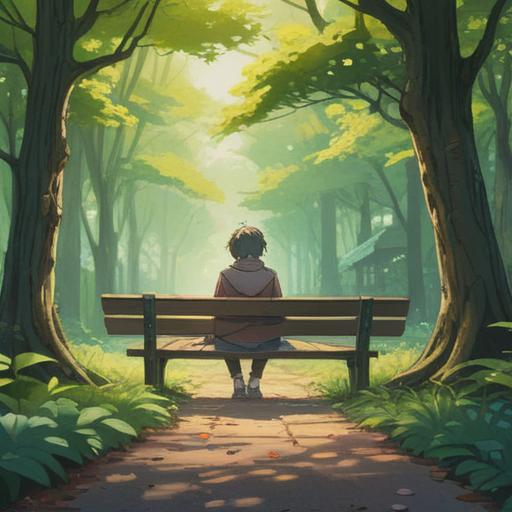 A serene and ethereal scene, gentle light filtering through trees, a person sitting on a bench reflecting, soft wisps of energy symbolizing memories, warm colors evoking nostalgia, faint silhouettes of past loved ones in the background, peaceful and contemplative atmosphere, dreamlike quality, 4k