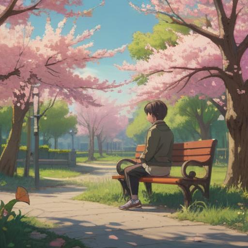 A serene and reflective scene depicting a person sitting on a park bench under a blooming cherry blossom tree, gentle sunlight filtering through the leaves, soft smile on their face as they gaze into the distance, nostalgic memories visualized as ethereal glowing orbs swirling around them, a sense of peace and connection to the past, vibrant colors, tranquil atmosphere, 4k