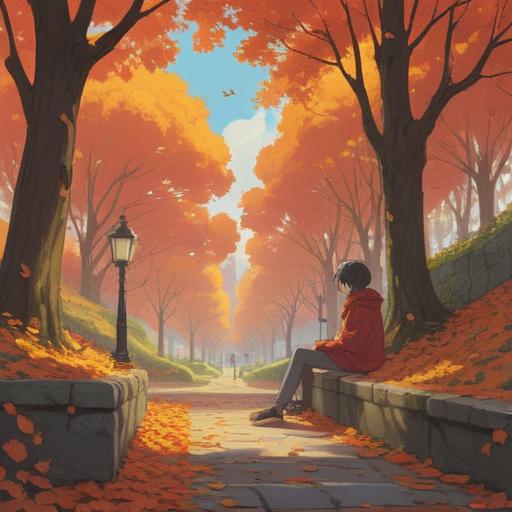 A serene scene depicting a person sitting alone in a peaceful park, surrounded by autumn leaves, a gentle breeze rustling through the trees, soft sunlight filtering through branches, an ethereal aura around the character, symbolic representations of memories like faded photographs and glowing orbs, a calming presence, reflective mood, 4k